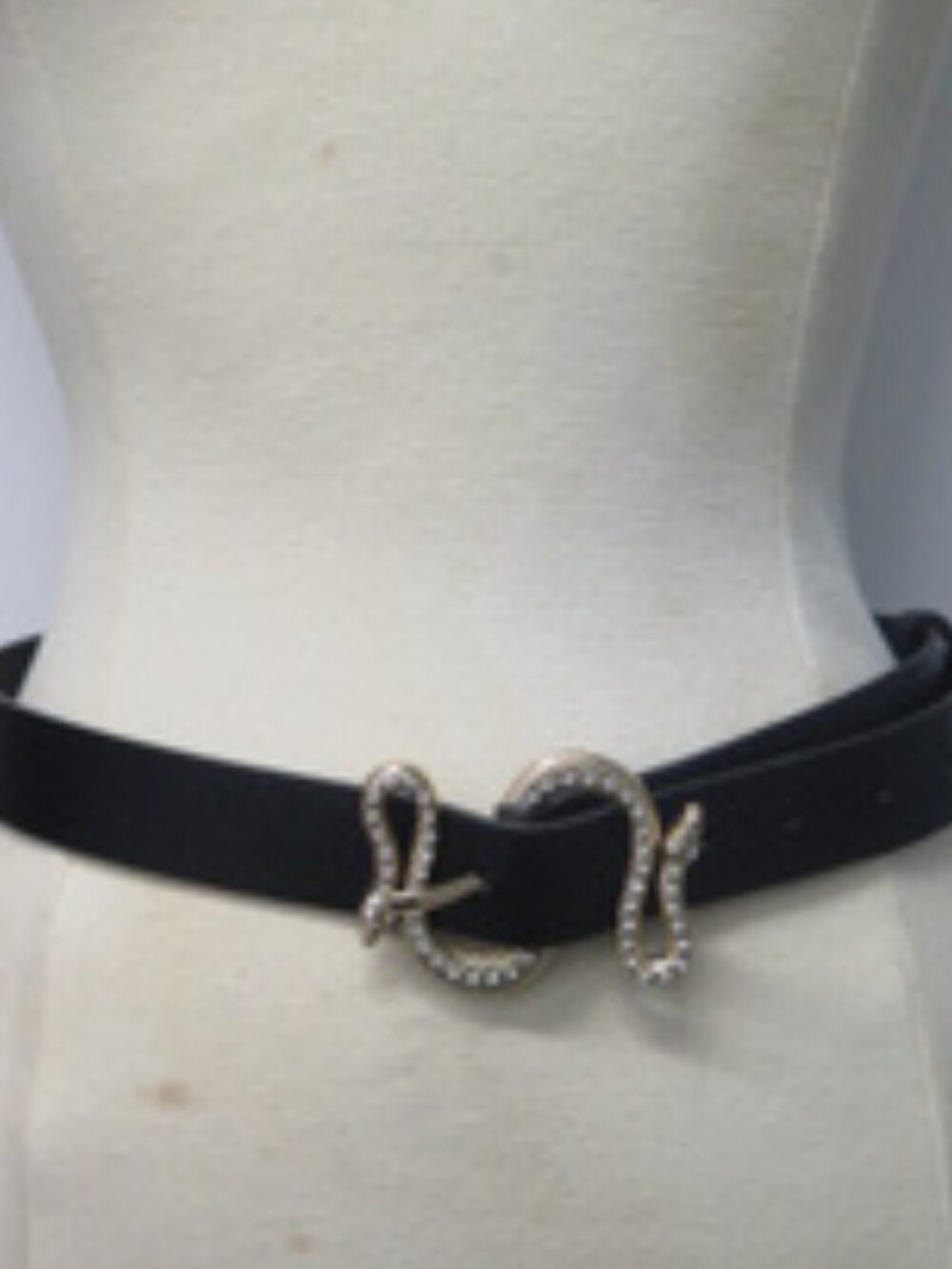 Women’s Black Faux Leather Belt Gold Tone Rhinestone Snake Buckle Statement
